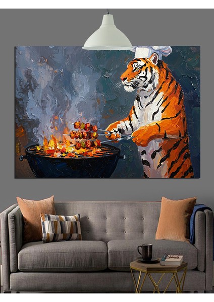 Mangal Yapan Kaplan Figürü Dekoratif Kanvas - Mdf Ahşap Tablo