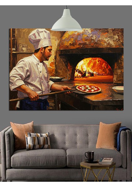 Taş Fırında Pizza Yapan Şef Dekoratif Kanvas - Mdf Ahşap Tablo