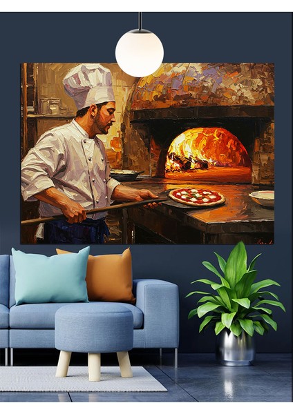 Taş Fırında Pizza Yapan Şef Dekoratif Kanvas - Mdf Ahşap Tablo modelleri