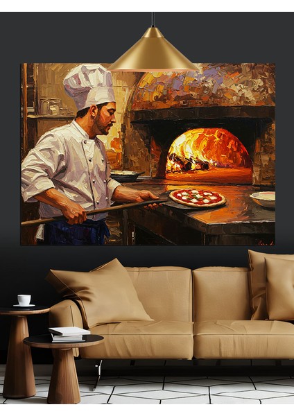 Taş Fırında Pizza Yapan Şef Dekoratif Kanvas - Mdf Ahşap Tablo fırsatları