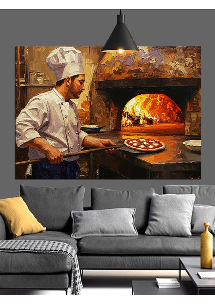 Taş Fırında Pizza Yapan Şef Dekoratif Kanvas - Mdf Ahşap Tablo indirimleri