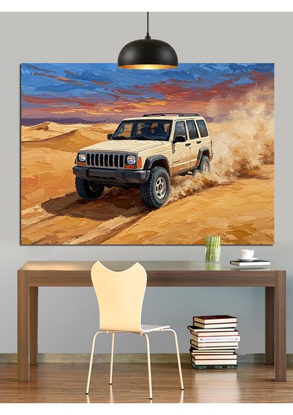 Kum Çölünde Jeep Araç Dekoratif Kanvas - Mdf Ahşap Tablo