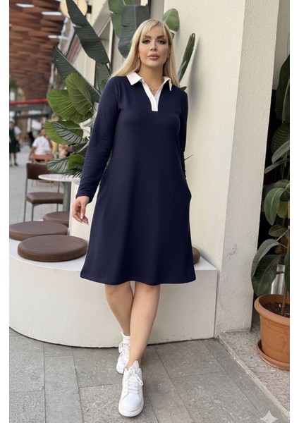 Kadın Büyük Beden Gömlek Yaka Gizli Cep Detay Likralı Kristal Iki Iplik Elbise modelleri