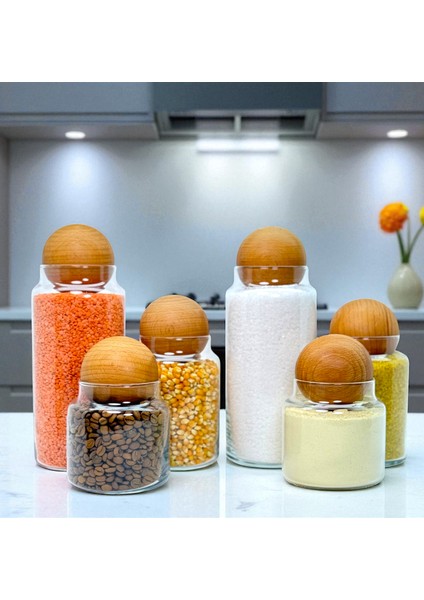 Ahşap Top Kapaklı Cam Saklama Kavanozu Seti 1400 ml 800 ml 500 ml