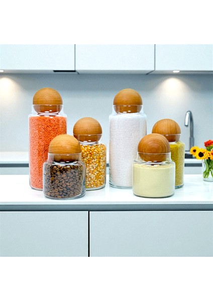 Ahşap Top Kapaklı Cam Saklama Kavanozu Seti 1400 ml 800 ml 500 ml modelleri