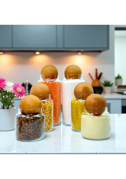 Ahşap Top Kapaklı Cam Saklama Kavanozu Seti 1400 ml 800 ml 500 ml