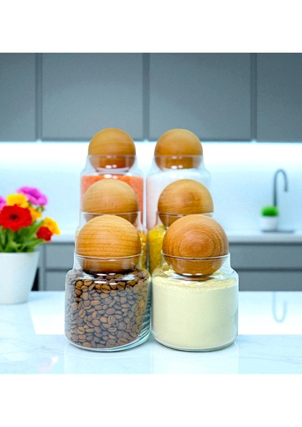 Ahşap Top Kapaklı Cam Saklama Kavanozu Seti 1400 ml 800 ml 500 ml