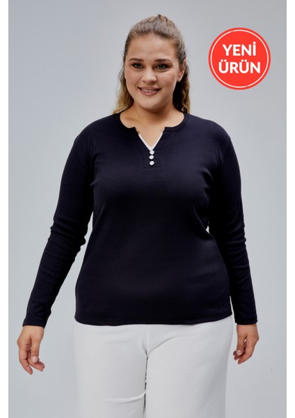 Curve Büyük Beden %100 Pamuklu Likralı Bisiklet Yaka Basic Düz Uzun Kol Siyah Bluz