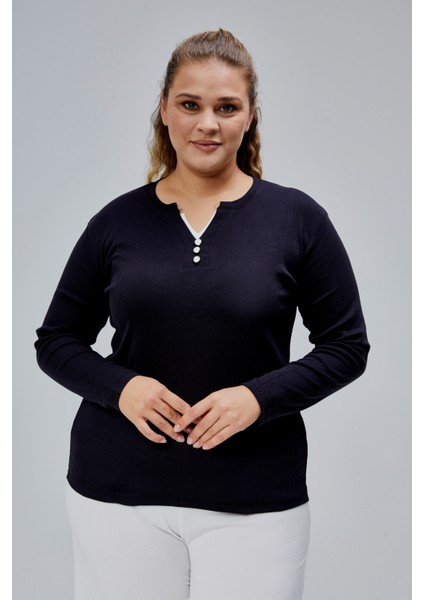 Curve Büyük Beden %100 Pamuklu Likralı Bisiklet Yaka Basic Düz Uzun Kol Siyah Bluz fiyatları