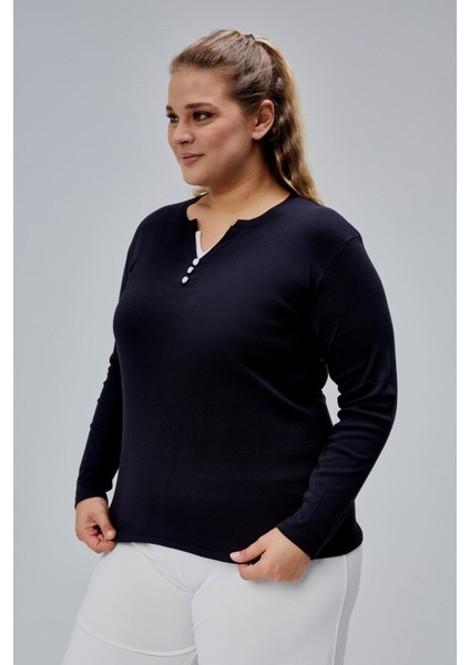 Curve Büyük Beden %100 Pamuklu Likralı Bisiklet Yaka Basic Düz Uzun Kol Siyah Bluz modelleri