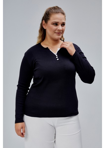 Curve Büyük Beden %100 Pamuklu Likralı Bisiklet Yaka Basic Düz Uzun Kol Siyah Bluz fırsatları