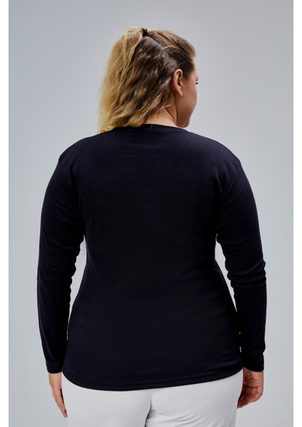 Curve Büyük Beden %100 Pamuklu Likralı Bisiklet Yaka Basic Düz Uzun Kol Siyah Bluz indirimleri