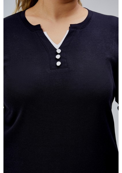 Curve Büyük Beden %100 Pamuklu Likralı Bisiklet Yaka Basic Düz Uzun Kol Siyah Bluz