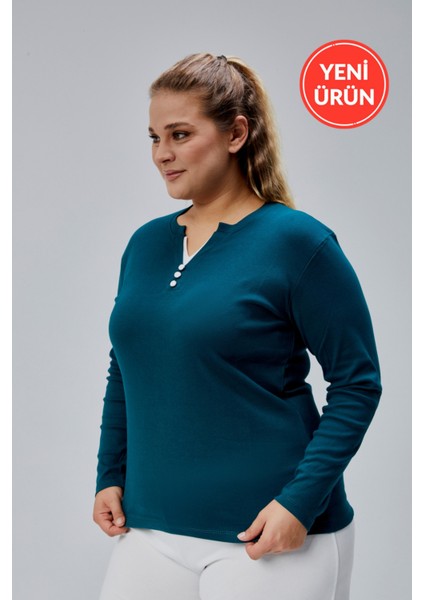 Curve Büyük Beden %100 Pamuklu Likralı Bisiklet Yaka Basic Düz Uzun Kol Yeşil Bluz