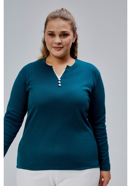 Curve Büyük Beden %100 Pamuklu Likralı Bisiklet Yaka Basic Düz Uzun Kol Yeşil Bluz fiyatları