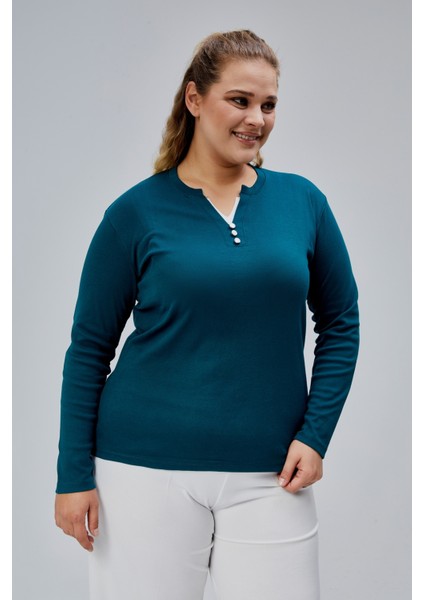 Curve Büyük Beden %100 Pamuklu Likralı Bisiklet Yaka Basic Düz Uzun Kol Yeşil Bluz modelleri