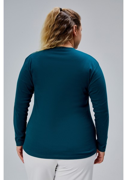 Curve Büyük Beden %100 Pamuklu Likralı Bisiklet Yaka Basic Düz Uzun Kol Yeşil Bluz fırsatları