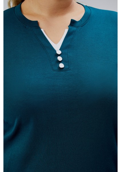 Curve Büyük Beden %100 Pamuklu Likralı Bisiklet Yaka Basic Düz Uzun Kol Yeşil Bluz indirimleri