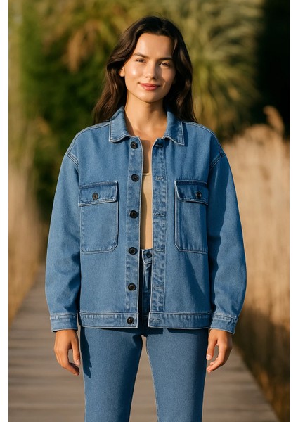 Kadın Büyük Göğüs Cepli Oversize Mavi Kot Ceket fiyatları