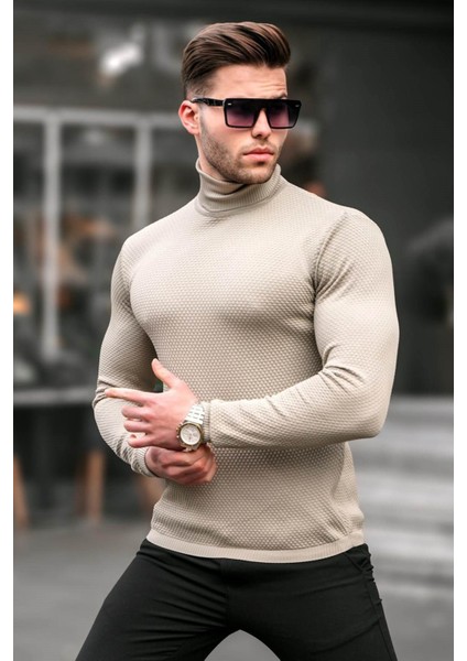 Bej Balıkçı Yaka Erkek Triko Kazak 6306