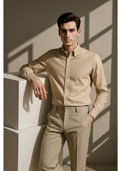 Erkek Bej Oxford Düğmeli Yaka Pamuk Likra Slim Fit Casual Cepsiz Gömlek