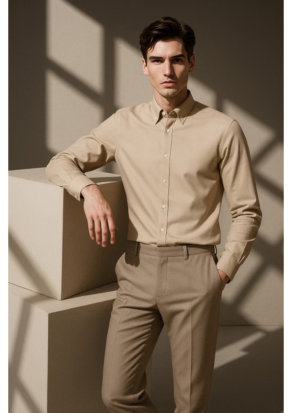 Erkek Bej Oxford Düğmeli Yaka Pamuk Likra Slim Fit Casual Cepsiz Gömlek fiyatları