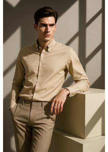 Erkek Bej Oxford Düğmeli Yaka Pamuk Likra Slim Fit Casual Cepsiz Gömlek modelleri