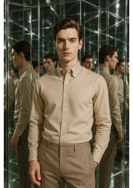Erkek Bej Oxford Düğmeli Yaka Pamuk Likra Slim Fit Casual Cepsiz Gömlek indirimleri