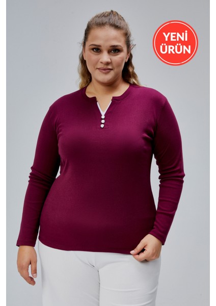 Curve Büyük Beden %100 Pamuklu Likralı Bisiklet Yaka Basic Düz Uzun Kol Mor Bluz