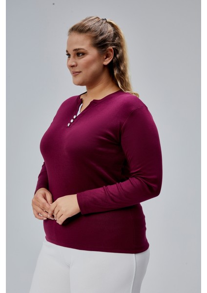 Curve Büyük Beden %100 Pamuklu Likralı Bisiklet Yaka Basic Düz Uzun Kol Mor Bluz fiyatları