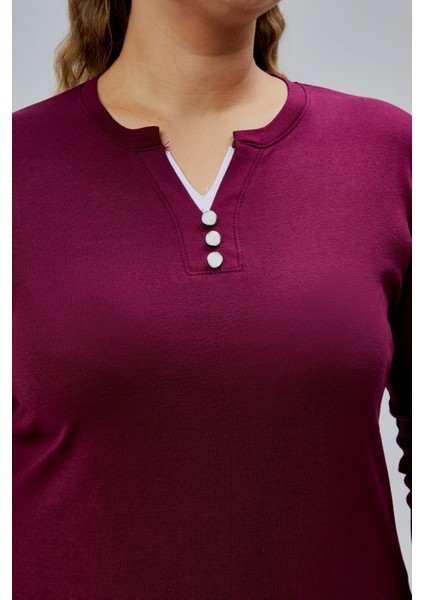 Curve Büyük Beden %100 Pamuklu Likralı Bisiklet Yaka Basic Düz Uzun Kol Mor Bluz modelleri