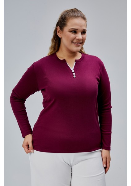 Curve Büyük Beden %100 Pamuklu Likralı Bisiklet Yaka Basic Düz Uzun Kol Mor Bluz fırsatları