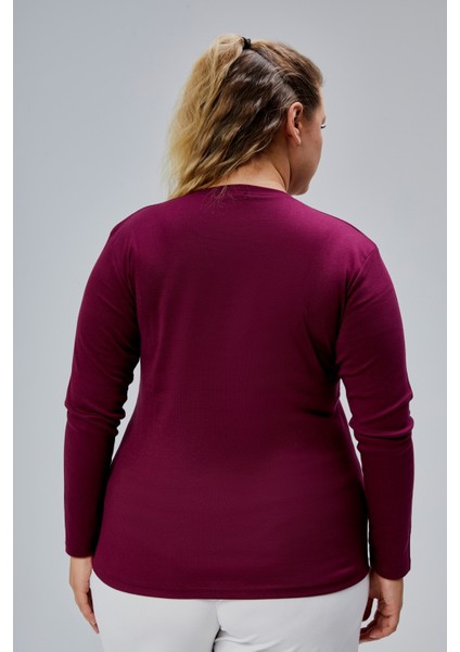 Curve Büyük Beden %100 Pamuklu Likralı Bisiklet Yaka Basic Düz Uzun Kol Mor Bluz indirimleri