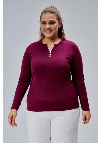 Curve Büyük Beden %100 Pamuklu Likralı Bisiklet Yaka Basic Düz Uzun Kol Mor Bluz