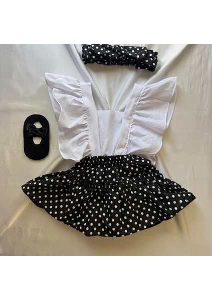 Kız Çocuk Siyah Puantiye Salopet Bandana ve Babet Çorap Set