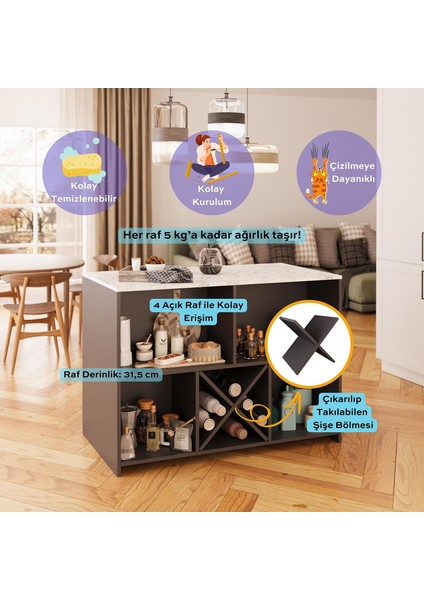 Monet G4031 3ADET Siyah Bar Tabureli Mutfak Adası Antrasit Gövde Carrara Mermer Desen Üst Şaraplıklı modelleri