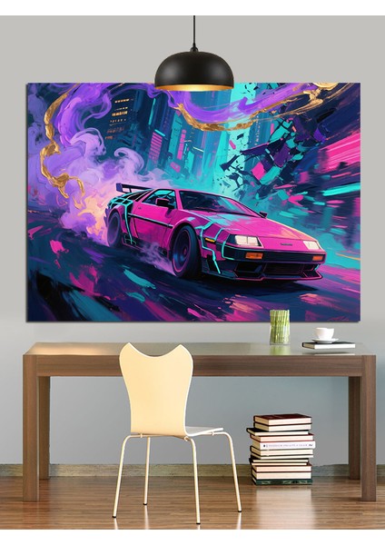 Neon Pembe Spor Araba Dekoratif Kanvas - Mdf Ahşap Tablo
