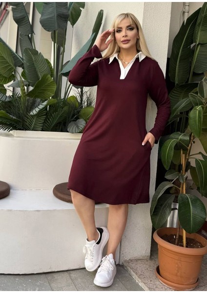 Kadın Büyük Beden Gömlek Yaka Gizli Cep Detay Likralı Kristal Iki Iplik Elbise