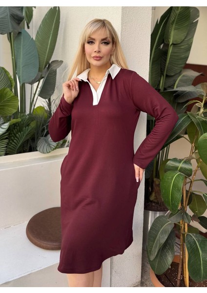 Kadın Büyük Beden Gömlek Yaka Gizli Cep Detay Likralı Kristal Iki Iplik Elbise fırsatları