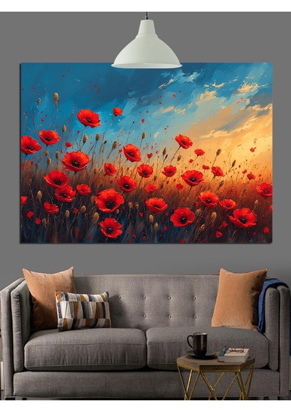 Kırmızı Gelincik Çiçek Tarlası Dekoratif Kanvas - Mdf Ahşap Tablo fiyatları