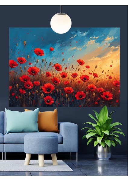 Kırmızı Gelincik Çiçek Tarlası Dekoratif Kanvas - Mdf Ahşap Tablo fırsatları