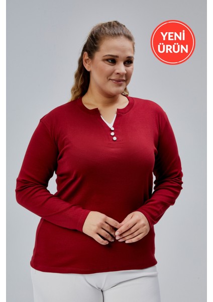 Curve Büyük Beden %100 Pamuklu Likralı Bisiklet Yaka Basic Düz Uzun Kol Bordo Bluz