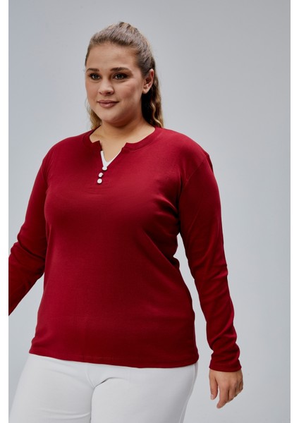 Curve Büyük Beden %100 Pamuklu Likralı Bisiklet Yaka Basic Düz Uzun Kol Bordo Bluz fiyatları