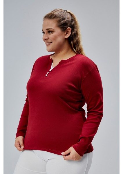 Curve Büyük Beden %100 Pamuklu Likralı Bisiklet Yaka Basic Düz Uzun Kol Bordo Bluz modelleri