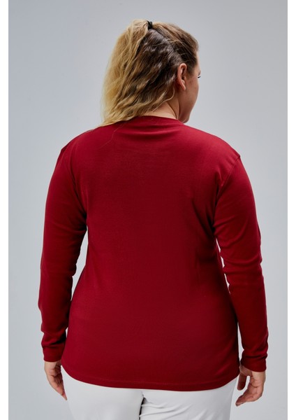 Curve Büyük Beden %100 Pamuklu Likralı Bisiklet Yaka Basic Düz Uzun Kol Bordo Bluz fırsatları