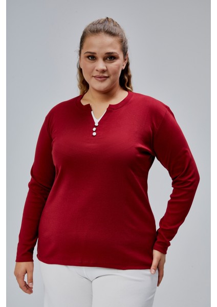 Curve Büyük Beden %100 Pamuklu Likralı Bisiklet Yaka Basic Düz Uzun Kol Bordo Bluz indirimleri