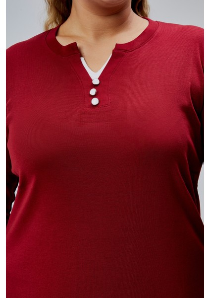 Curve Büyük Beden %100 Pamuklu Likralı Bisiklet Yaka Basic Düz Uzun Kol Bordo Bluz