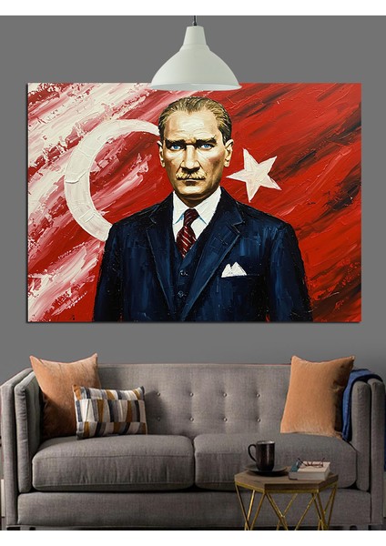 Bayrak Önünde Atatürk Portre Dekoratif Kanvas - Mdf Ahşap Tablo fırsatları