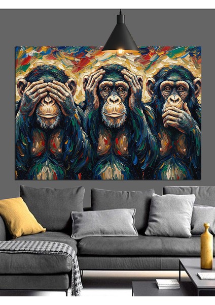 Üç Maymun Resmi Dekoratif Kanvas - Mdf Ahşap Tablo