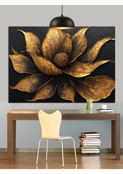 Altın Yapraklı Çiçek Motifi Dekoratif Kanvas - Mdf Ahşap Tablo